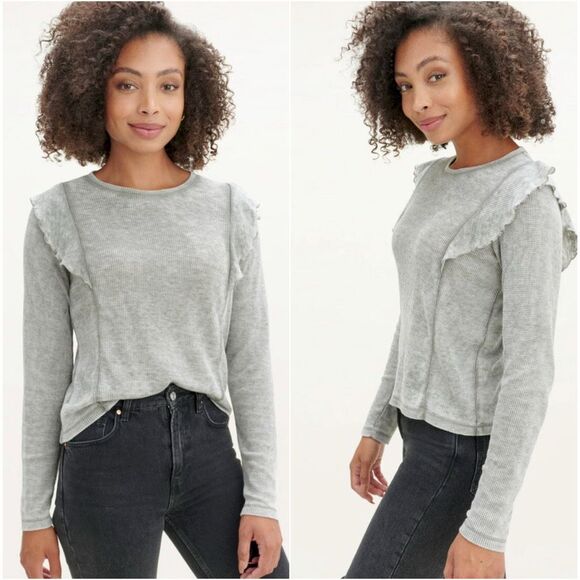 Splendid Frosty Thermal Long Sleeve Top Blue Size XL Ruffles Raw Exposed Hems - Picture 1 of 9